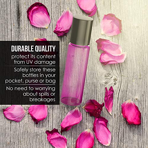 4 Pack - Essential Oil Roller Bottles [Metal Chrome Roller Ball] FREE Plastic Pippette, Funnel and Bottle Opener Refillable Glass Color Roll On for Fragrance Essential Oil - 10 ml 1/3 oz (Purple) - Thumbnail 4