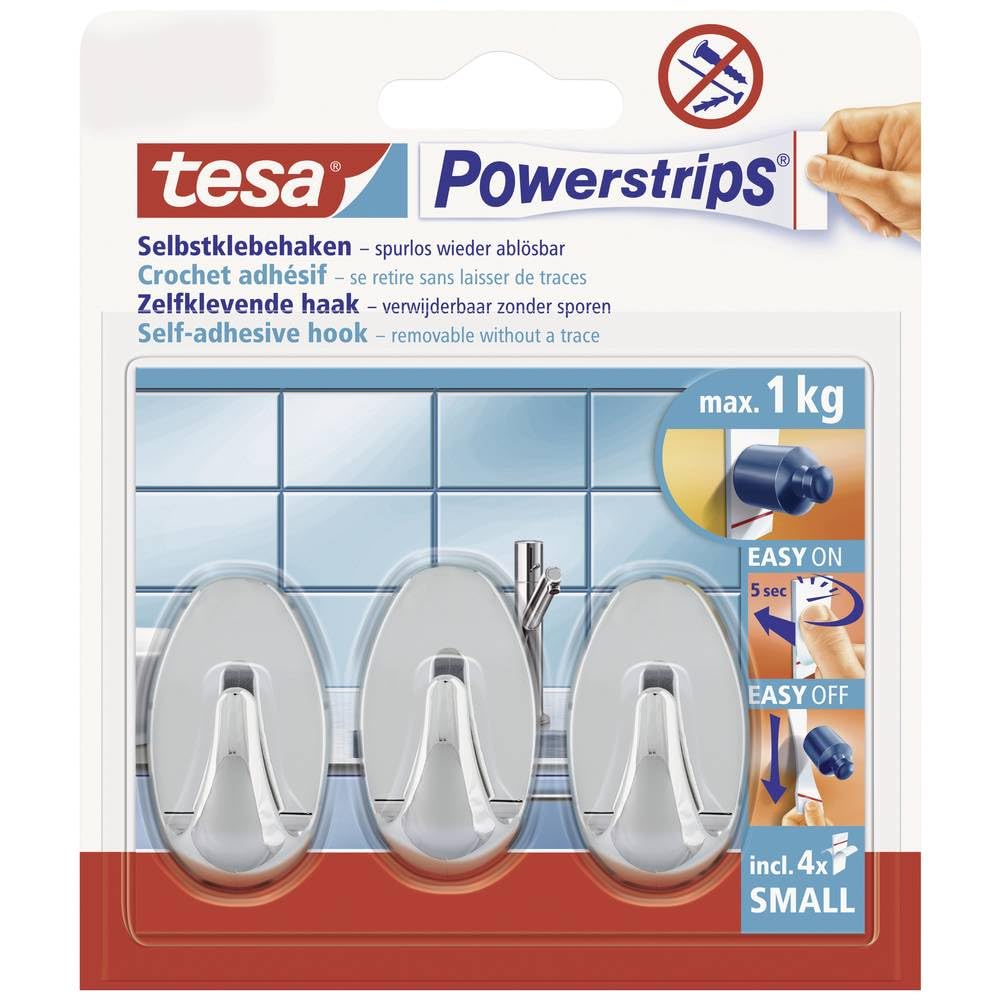 tesa Powerstrips Hooks Small OVAL - Removable Self-Adhesive Wall Hook for Glass, Tiles, Wood, Plastic and Other Surfaces - Waterproof - Chrome - Strong Hold up to 1 kg