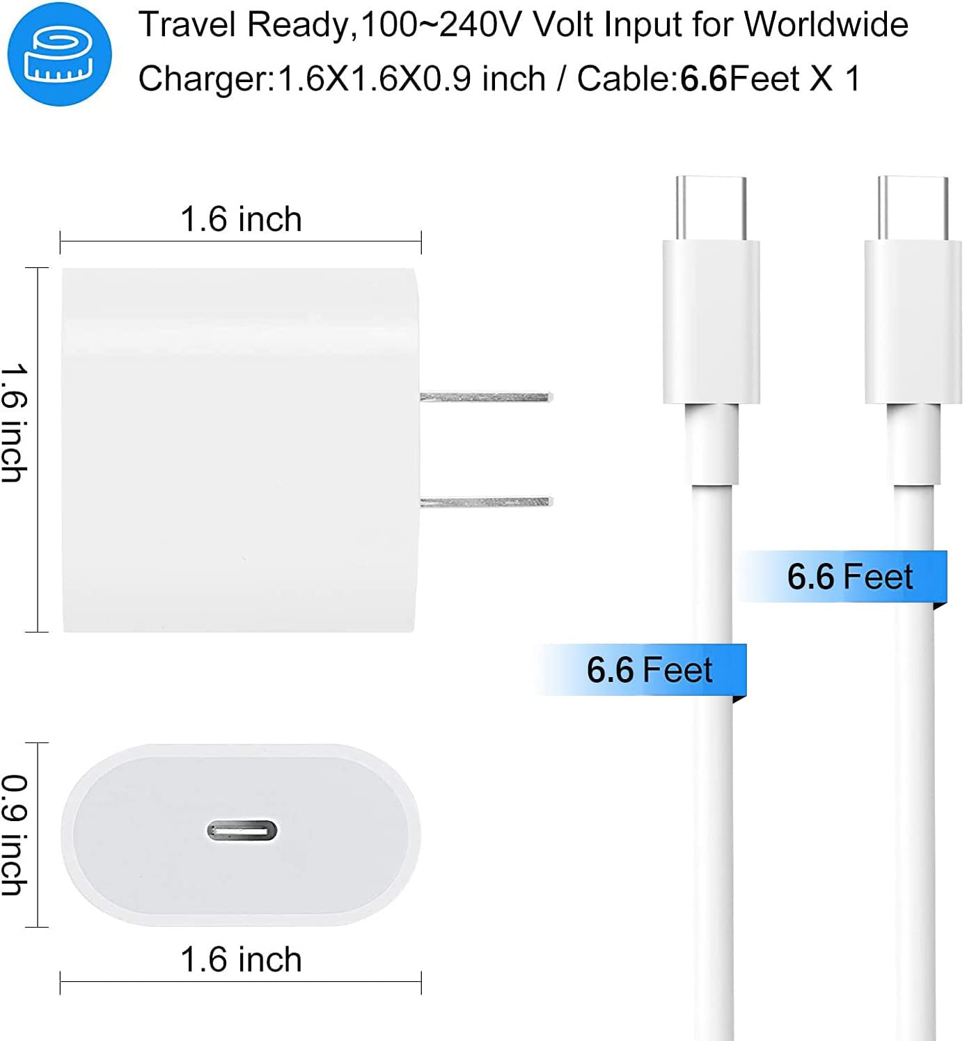 20W USB C Fast Charger for iPad Pro 13/12.9/11 inch, iPad Air 13/11 inch 6/5/4th Generation, iPad 10th Generation, iPad mini 6, Fast Charger Block with 6.6ft USB C to C Charging Cable