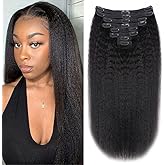 Tahikie Kinky Straight Human Hair Clip in Extensions 120g Full Head Clip ins for Women 100% Unprocessed Brazilian Virgin Human Hair Yaki Straight Clip ins Remy Hair Natural Black 8Pcs 18Clips 14inch