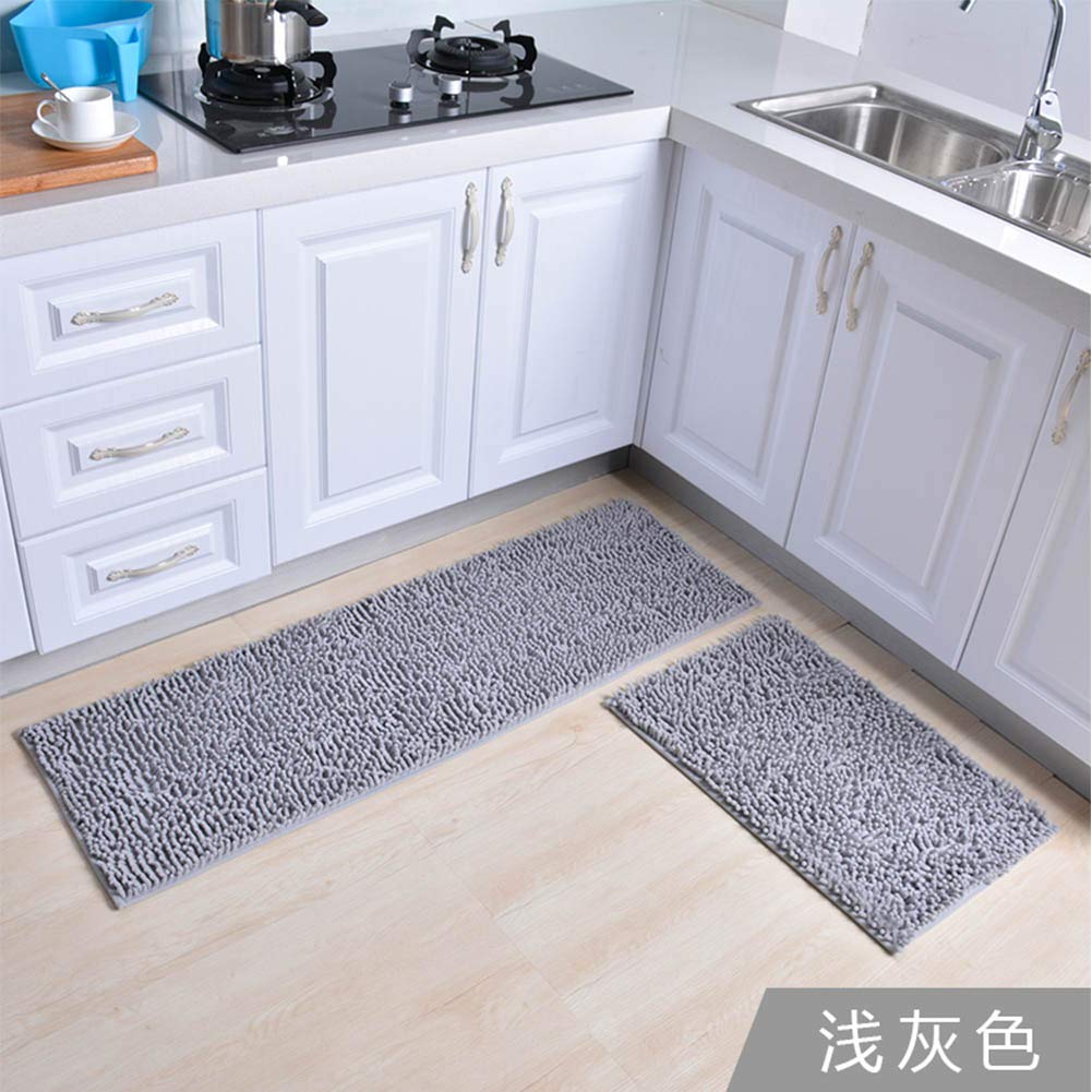 16x24inch Non Slip 2 Piece Bath Rug Shaggy Kitchen Rug Runner Water Absorption Carpet for Entryway,Bedroom-Gray 40x120cm 16x47inch Soft Chenille Kitchen Mat for Floor +40x60cm