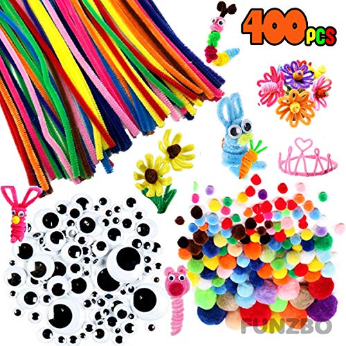 FunzBo 400 Pieces Pipe Cleaners Pompoms Set, Including 100 Pieces Pipe Cleaners, 200 Pieces 3 Size Pom Poms and 100 Pieces 3 Size Wiggle Eyes for Craft DIY Art Supplies