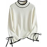 Verdusa Women's Plus Size Bow Flare Sleeve Cozy Sweaters Elegant Contrast Trim Trendy Pullover Knit Tops