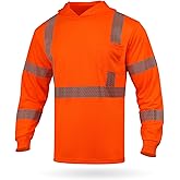 GLIMMR Hi Vis Hoodie Safety Reflective High Visibility Long Sleeve T Shirts with Hood for Men Class 3 Construction Workwear