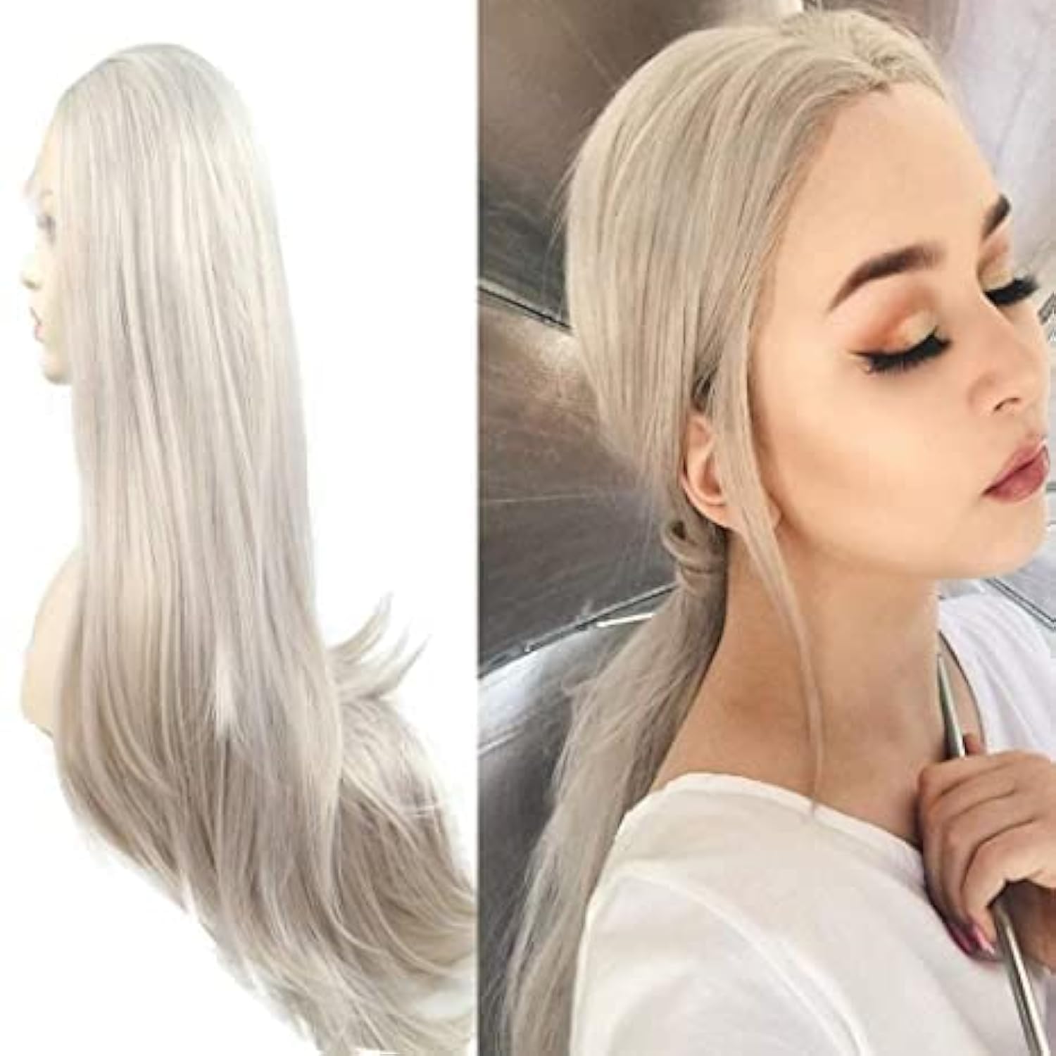 Xiweiya Long Sillky Straight Lace Front Wig Synthetic Lace Front Wig Middle Part Heat Resistant Fiber for Women (Silver)