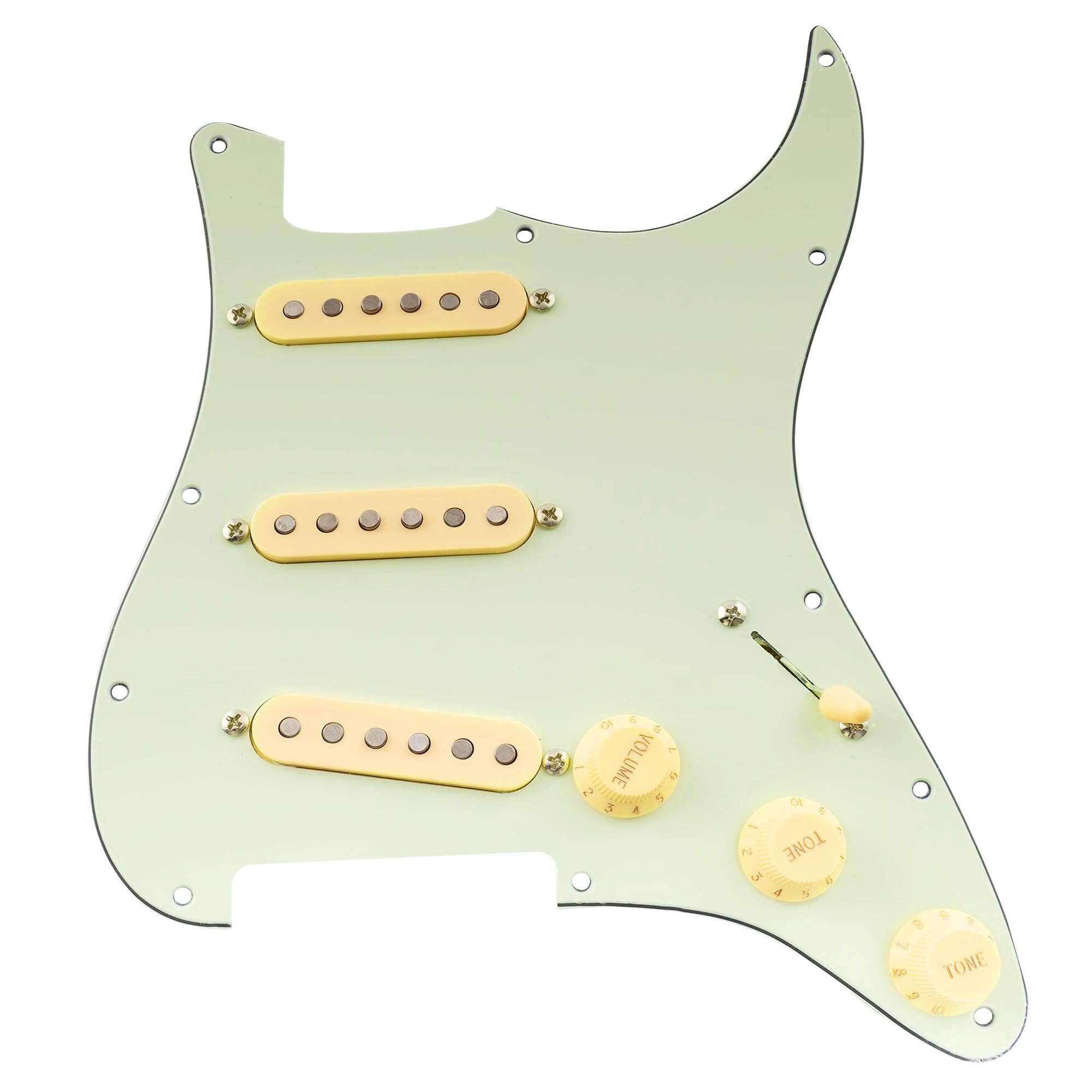 Musiclily Pro Pre-wired Standard SSS Pickguard with Artec Pickups Staggered Alnico 5 Magnet Single Coil Pickups for ST Style Electric Guitar, 3ply Mint Green