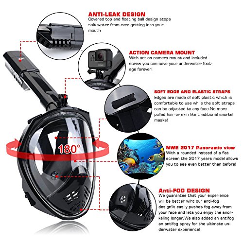 Zibet Full Face Snorkel Mask,Foldable Snorkeling Mask Diving Mask with Detachable Camera Mount Pivot Arm and Earplug,Full Arc Design 180 Degree View,Anti-fog for Kids Adults (Black, S/M)