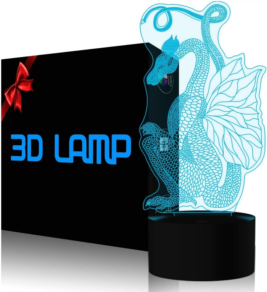 YiKAiLi 3D Illusion Lamp Dragon LED Night Light, 7 Colours Flashing Touch Switch USB Powered Bedroom Desk Table Lamp Decoration Lighting for Kids Christmas