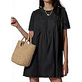 Wenrine Womens Lace Mini Dress Summer Short Sleeve Crewneck Sheer Mesh Casual Loose Ruffle Babydoll Dresses