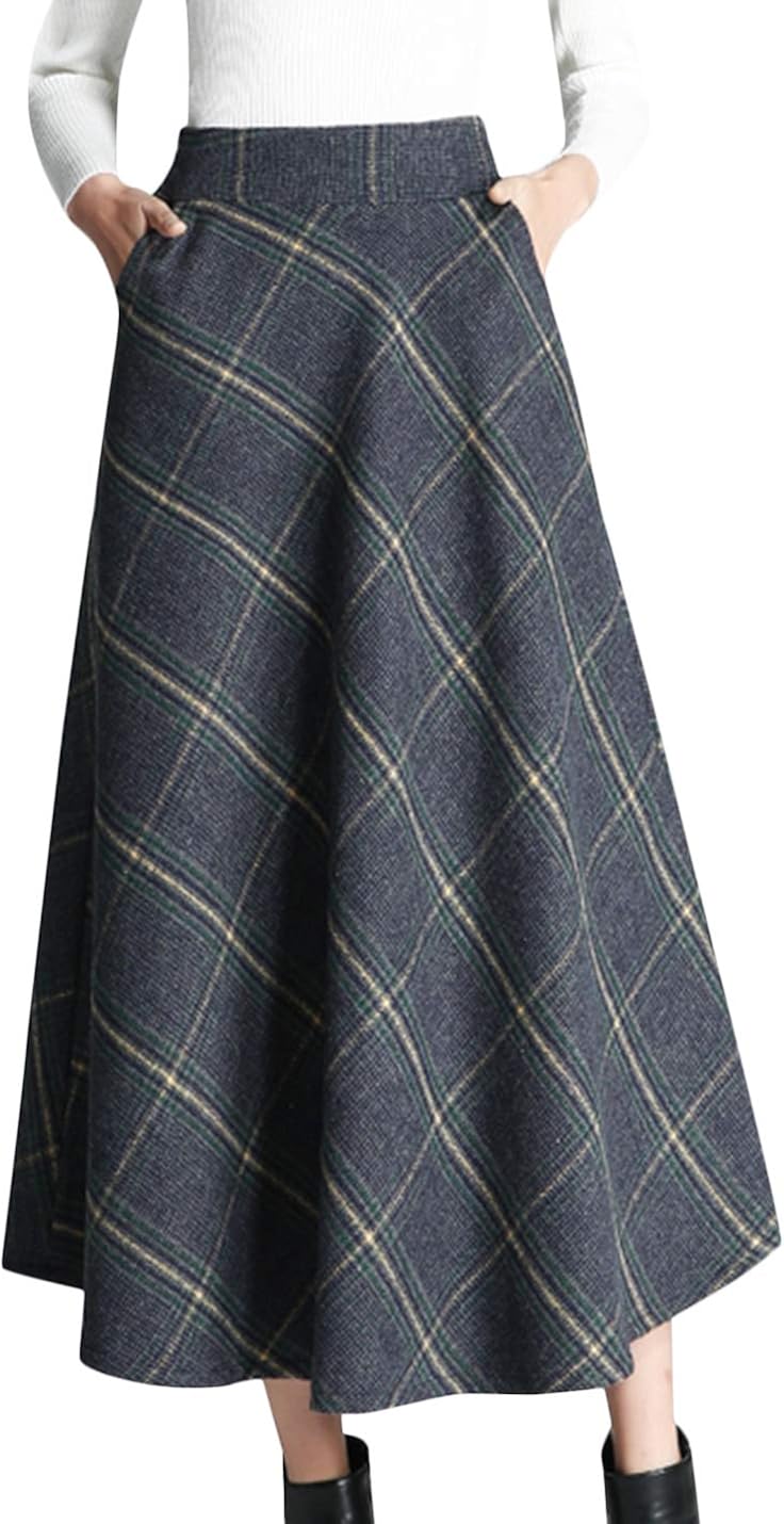 Tanming Women's Winter Warm Elastic Waist Wool Plaid ALine Pleated Long Skirt (Blue, XSmall
