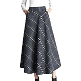 Tanming Women's Winter Warm Elastic Waist Wool Plaid A-Line Pleated Long Skirt