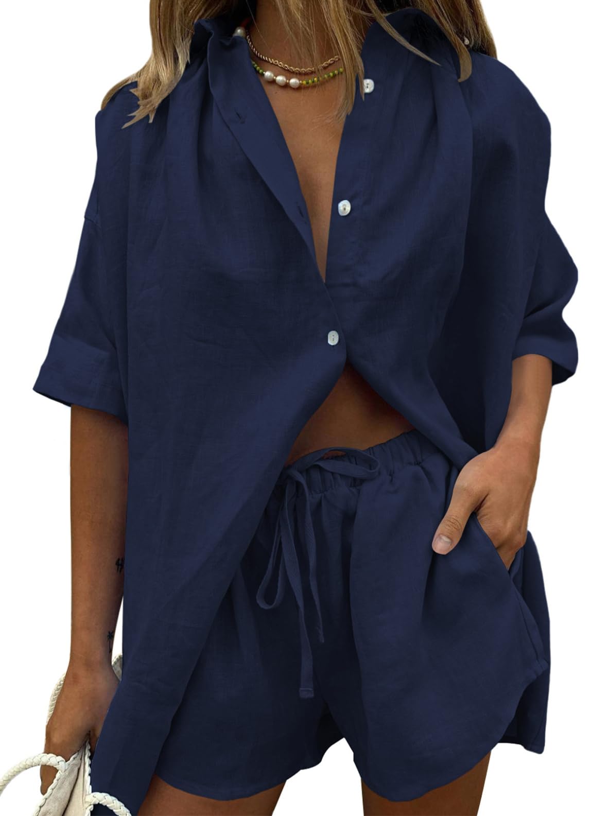 Photo 1 of ***NO SHORTS****Fixmatti Matching Sets Women Clothing Two Piece Loungewear Button Down Shirt And Shorts Set Navy L