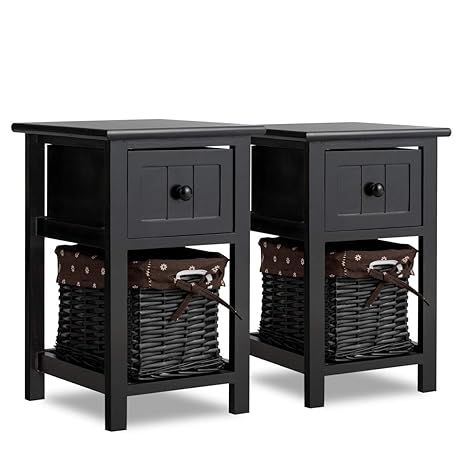 2 Black Giantex Wooden Nightstand 3 Tiers W 2 Baskets And 1 Drawer Bedside Sofa Storage Organizer For Home Living Room Bedroom End Table