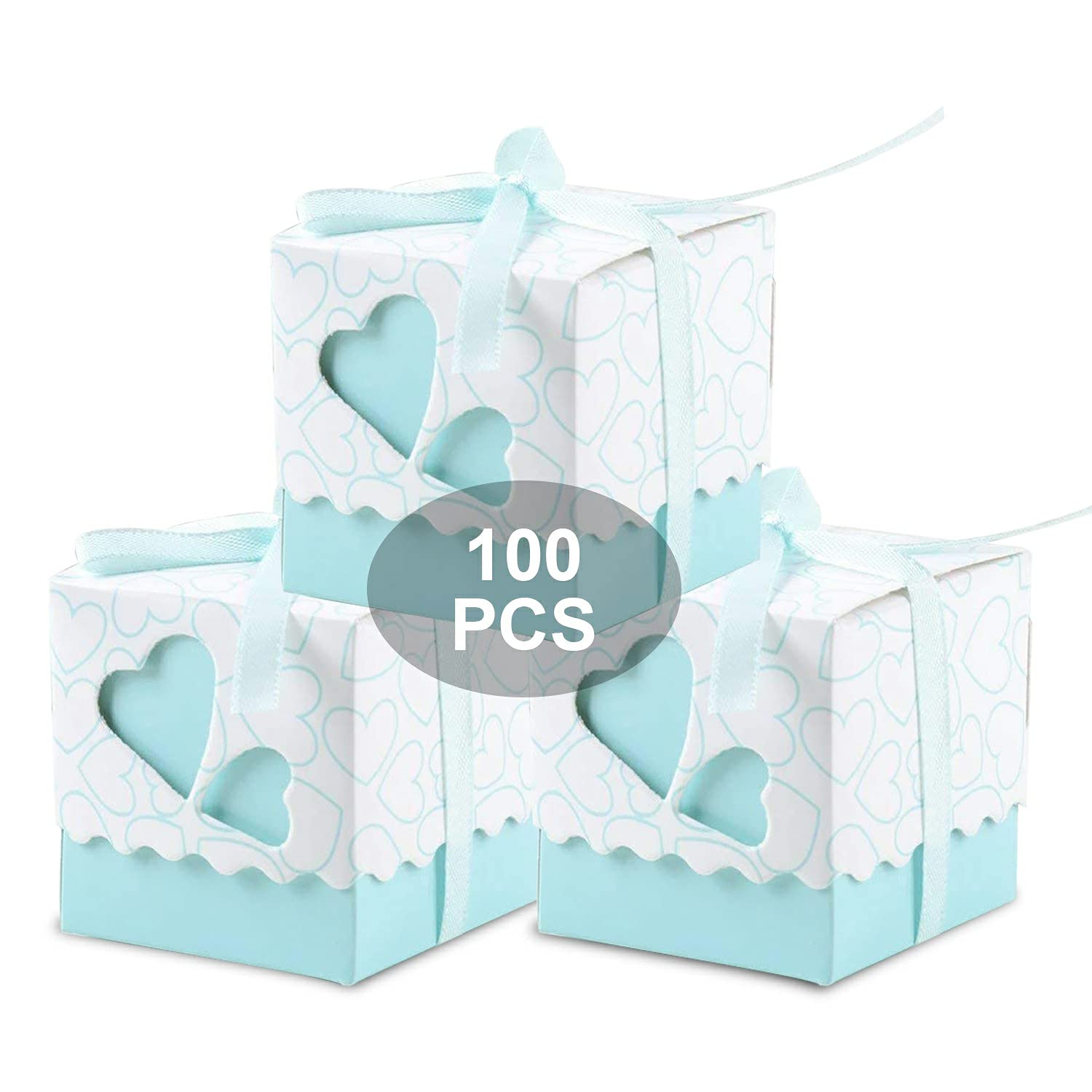 Wady Pack of 100 Paper Confetti Boxes Favors Gift Place Cards Decorations for Party Wedding Baptism Birthday Including Ribbon,Blue