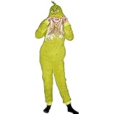 MJC The Grinch Sherpa Union Suit with Head Zipper Pajamas Fleece Hooded Jumpsuit with Pockets Halloween Costume