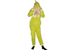 MJC The Grinch Sherpa Union Suit with Head Zipper Pajamas Fleece Hooded Jumpsuit with Pockets Halloween Costume