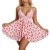Crexomi Women Sexy Lingerie Open Front Babydoll Dress Lace Chemise Sleepwear Mesh Nightgown with Thong