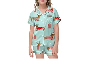 Silk Satin Christmas 𝙋a𝙟ama𝙨 2 Piece for Girls Short Sleeve Button Down Shirts and 𝙎𝙡𝙚𝙚𝙥ing Shorts Xmas Outfits 2-13Y