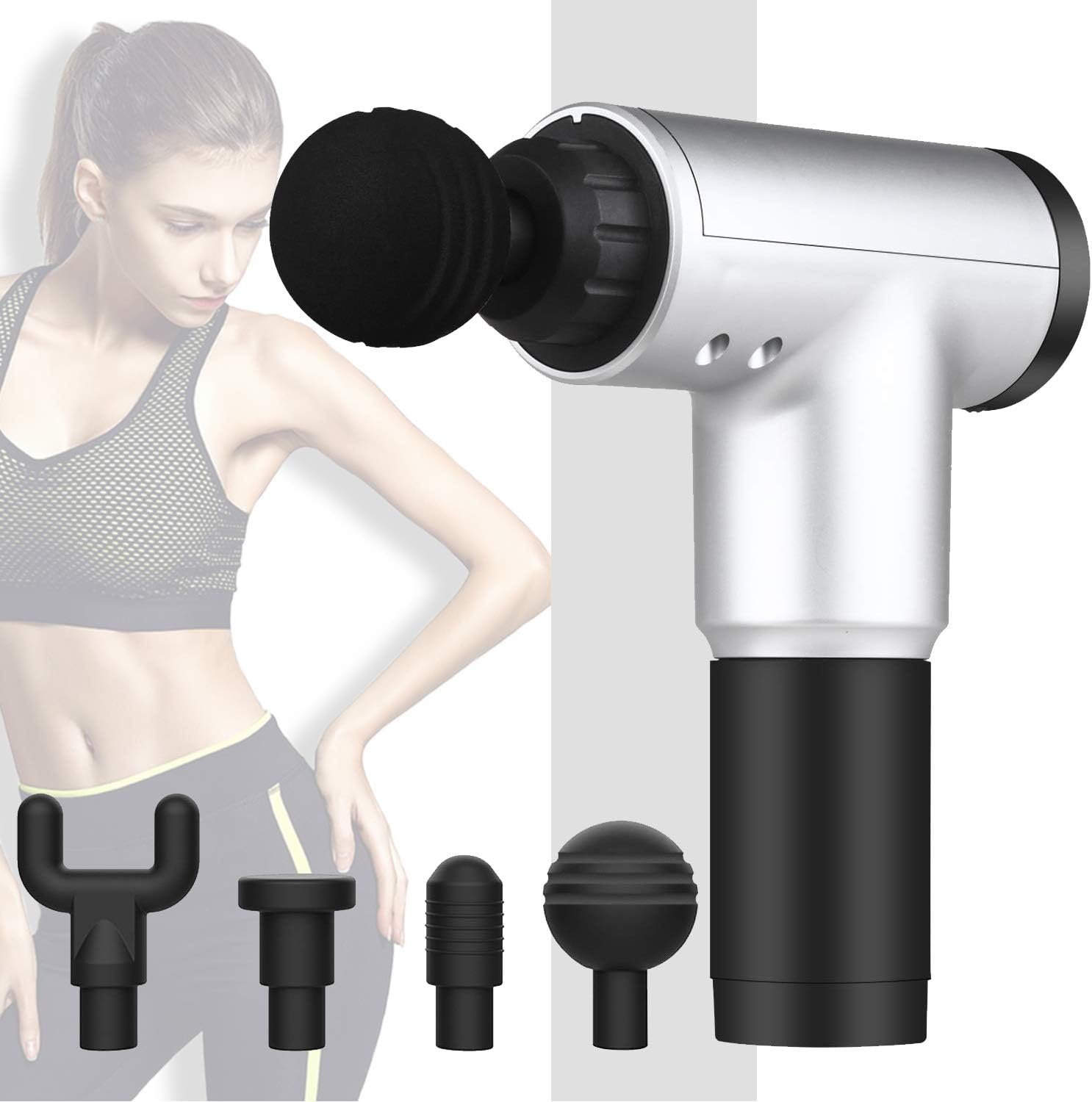 WINNTT Massage Gun with 6 Adjustable Speed 4 Detachable Head, Cordless Handheld Percussion Therapy Massager Deep Tissue for Muscles Deep Relaxation, Chargeable Device Quiet for Neck Back (Silver)