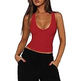 Hragc Womens Low Cut Deep V Neck Racerback Tank Tops for Women Summer Workout Yoga Sport Ribbed Fitted Cotton Clothes