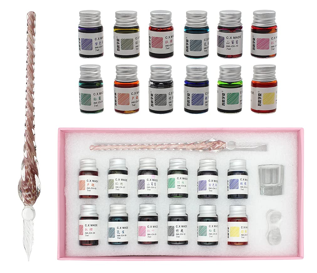 XIAOYU Glass Dip Pen Set with Ink, Crystal Writing Pen and 12 Bottles Colorful Inks for Art, Signatures, Calligraphy, Decoration Glass Dip Pen Set with Pen Holder and Cleaning Cup, Purple