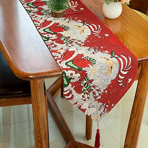 Christmas Table Runner with Tassels Cute Dining Decorative Tapestry for Coffee Table Thanksgiving Reception Holiday Party Dinner Banquet (D)