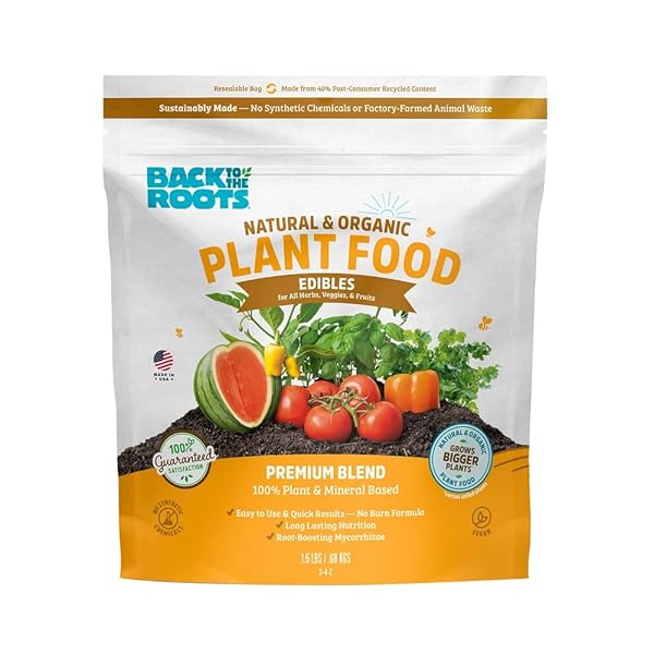 BACK TO THE ROOTS EDIBLES PLANT FOOD – ORGANIC, SUSTAINABLY-MADE GARDEN MADE WITH DOLOMITIC LIMESTONE, MYCORRHIZAE, AND KELP AND ALFALFA MEAL – 1.5 LB PREMIUM BLEND