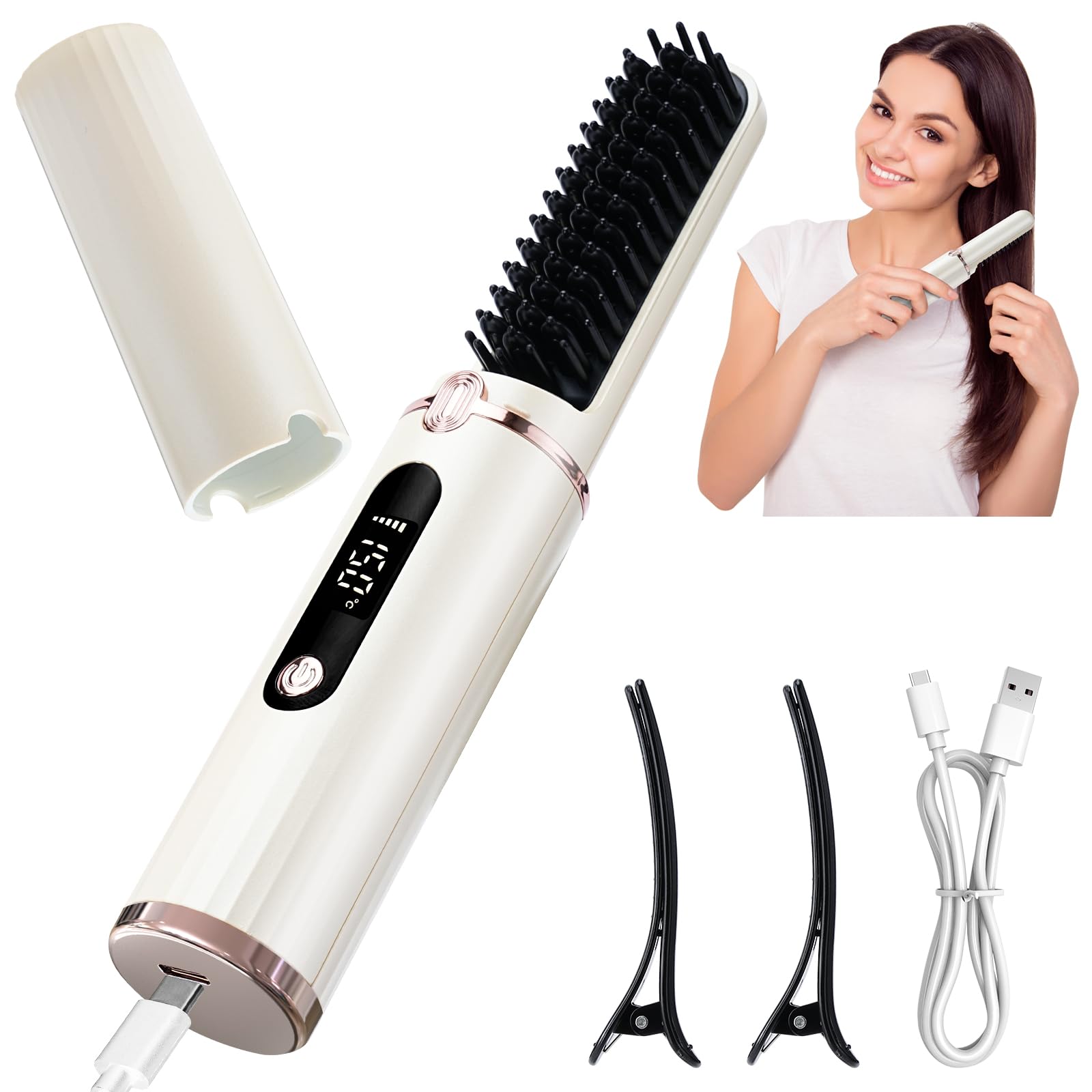 Aceshop Cordless Hair Straightener Brush, Portable Hot Comb Hair Straightener Negative Ion Hair Straighteners Comb for Women 4 Temperature Beard Straightener Brush USB Rechargeable Anti-Scald Auto-Off