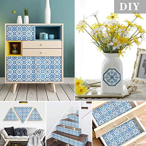 Blue and White Tile Contact Paper Self Adhesive 17.7”x118” Navy Flower Peel and Stick Wallpaper Removable Waterproof Paper for Kitchen Backsplash Bathroom Wall Shelf Drawer Liner Decor Vinyl Roll