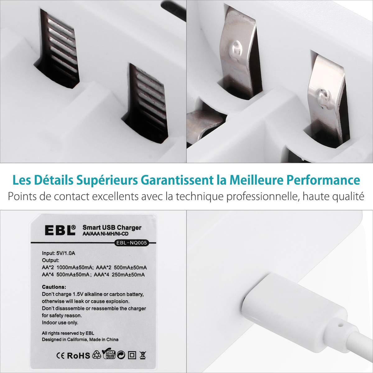 EBL 4 prise chargeur de pile rechargeable AA/AAA Ni-MH Ni-CD chargé par le Port USB Livré avec USB