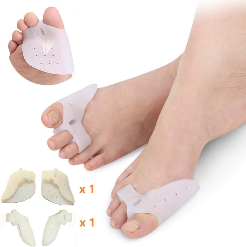 Gel Toe Separators Protector Kit Bunion Pain Relief with Forefoot Cushion Pad & Hallux Valgus Big Toe Spacer Spreader to Correct Overlapping Toes. Easy in Shoes (2 Pairs)