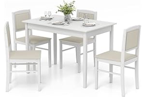 Tangkula Dining Table Set for 4, Farmhouse Solid Wood Dinette Set w/Rubber Wood Legs, Upholstered Seat & Padded Backrest, Mid