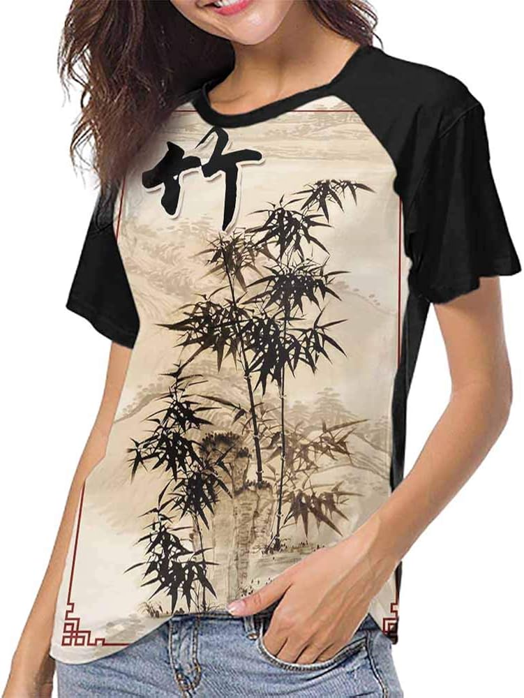 Casual T Shirts,Bamboo Leaf, Traditional Chinese Calligraphy Art Isolated on White Background S-XXL Tee Tshirts Women