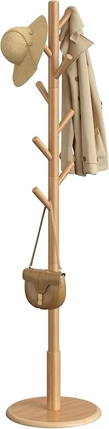VASAGLE Coat Rack Solid Wood Free Standing 8 Hooks Rubberwood Natural Beige
