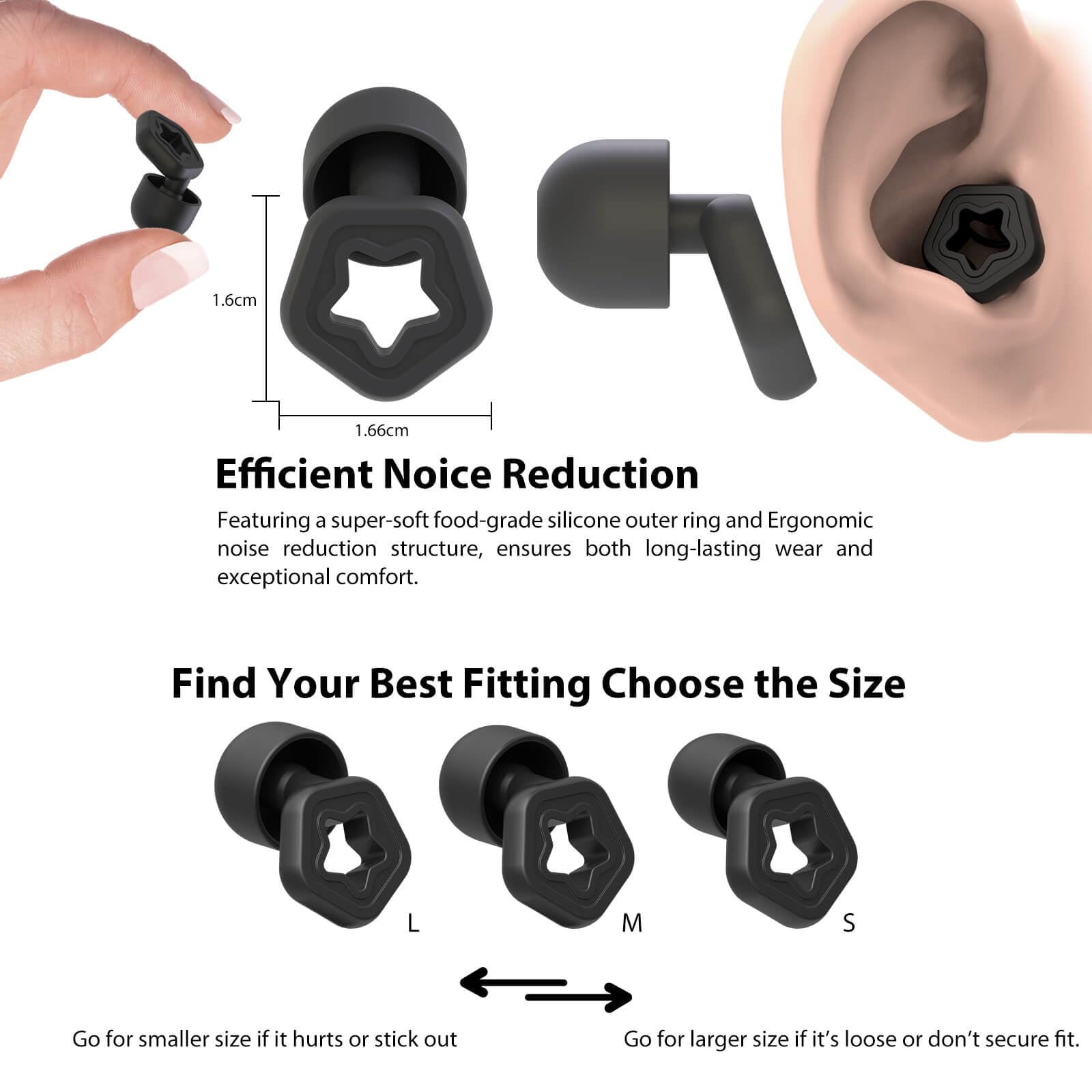 ELFTRON Ear Plugs for Sleeping Noise Reduction, 25 to 35 dB Noise Cancelling Ear Hearing Protection Earplugs Silicone Super Soft Flexible Reusable 12 pcs 6 pairs in S/M/L for Work Concert Flight Black
