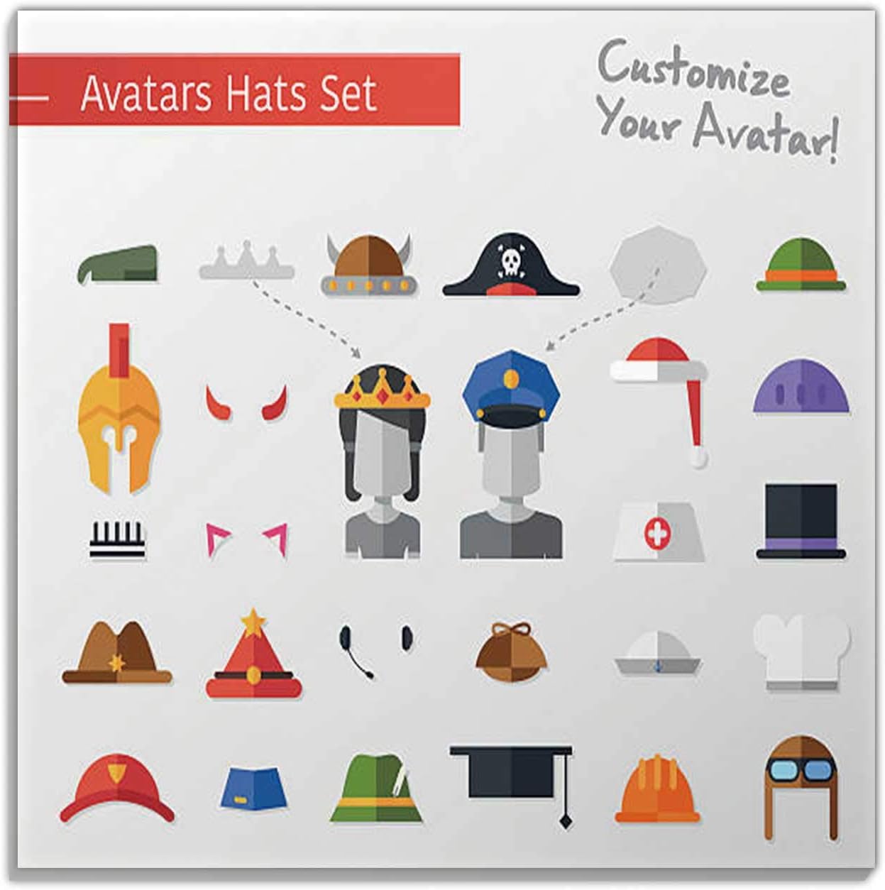 Hitecera Isolated Flat Design Hats and caps for Social Network Avatars Illustration Pilot,Wall Art for Bedroom Sherlock Holmes Wall Art for Office Motivational 16''x16''