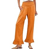 Wide Leg Linen Pants for Women High Waisted Ruffle Hem Palazzo Pants Boho Summer Casual Loose Flowy Pant Trousers