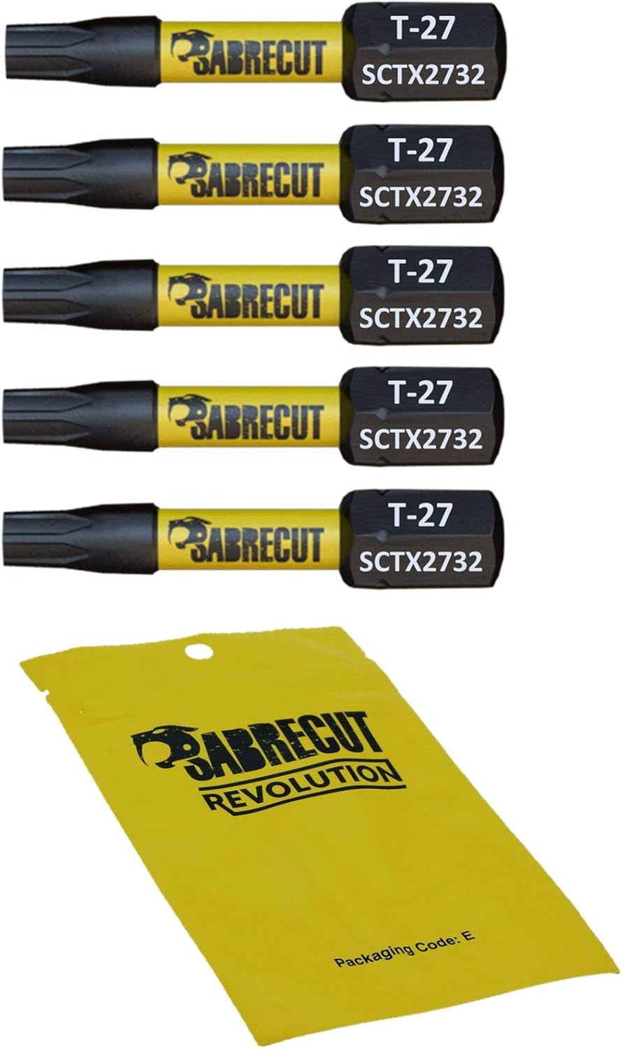 5 x SabreCut SCTX2732_5 32mm T27 TX27 Magnetic Impact Screwdriver Driver Bits Set Torx Heavy Duty, 1/4 inches