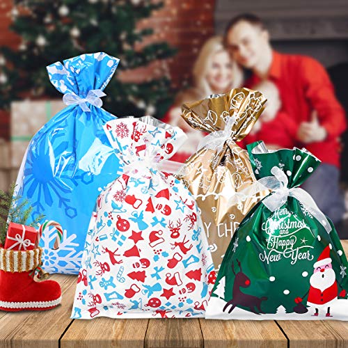 Large Gift Wrapping Bags, Godmorn 30Pcs Xmas Present Wrapping Bag with Ribbon Ties 4 Sizes 4 Pattern, Gold Blue White Green, Big Holiday Treats Party Favor Pouch Goody Bag