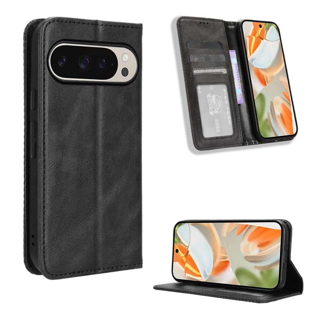 COMAKU Compatible with Google Pixel 9 Pro XL Case Leather - Flip Cover Protection magnetic Phone Case wallet with Card Holder - Black