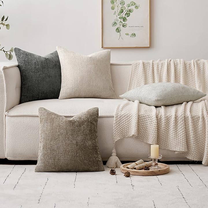 Chenille Throw Pillow Covers with Zipper, Soft Neutral Decorative Cushion Covers for Sofa, Couch, Bedroom, Living Room, Farmhouse Boho Modern Home Decor, Machine Washable（4 pcs）