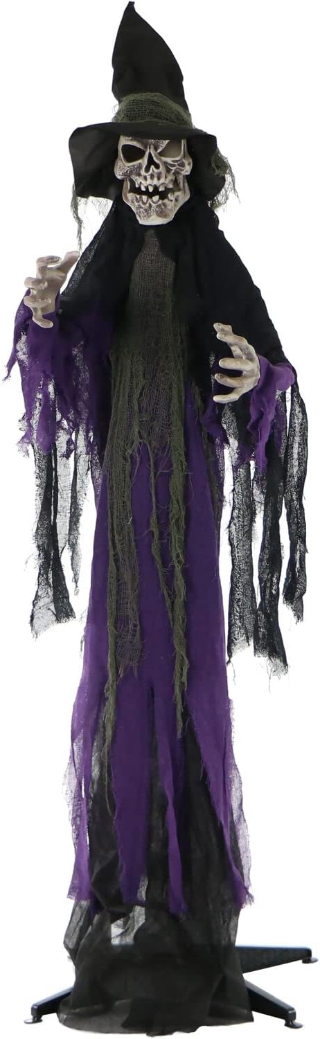 Garden Sculptures & Statues - Haunted Hill Farm Life-Size Poseable Scary Skeleton Witch with Touch Activated Lights and Sound, Battery-Operated Indoor or Covered Outdoor Halloween Decoration