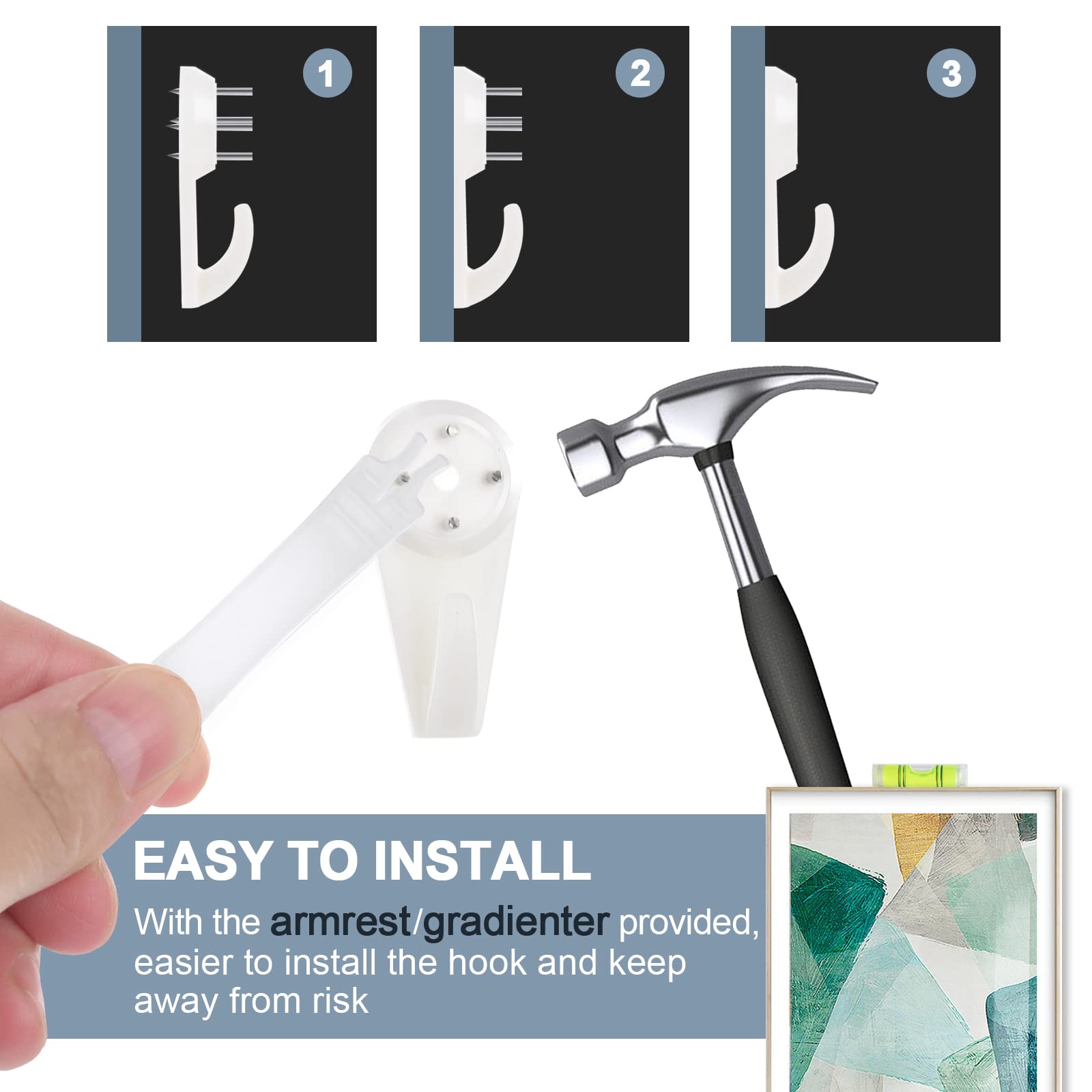 50 PCS Picture Hangers Hanging Kit, Heavy Duty Hooks for Stucco/Concrete/Hard Walls Without Drilling, Invisible Nail&25 LBS Weight Load