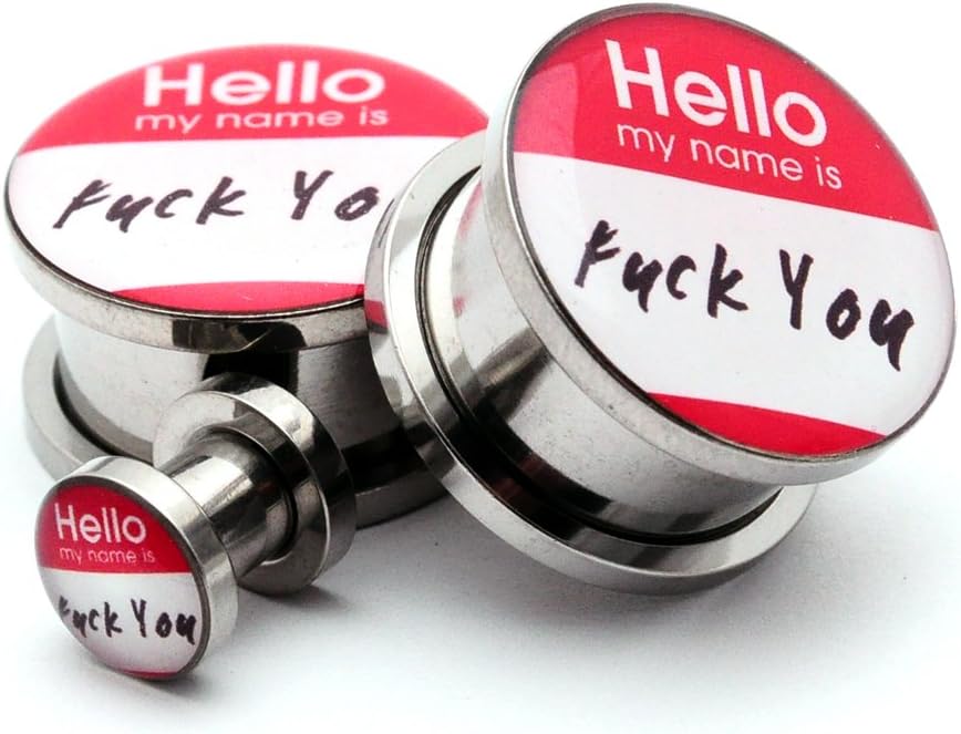 Screw on Plugs - Hello My Name Is Picture Plugs - Sold As a Pair