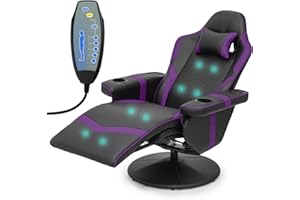 Athena Collection Massage Gaming Chair with Bluetooth Speaker Ergonomic Computer Desk Chair Swivel Office Chair Adjustable Recliner PU Leather Chair w/Footrest Cup Holder Side Pouch Headrest, Purple