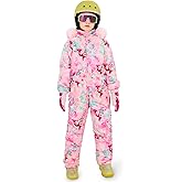 Haloumoning Girls Colorful One Piece Snowsuits Kids Hooded Fleece-Lined Waterproof Ski Suits Coveralls Winter Jumpsuits