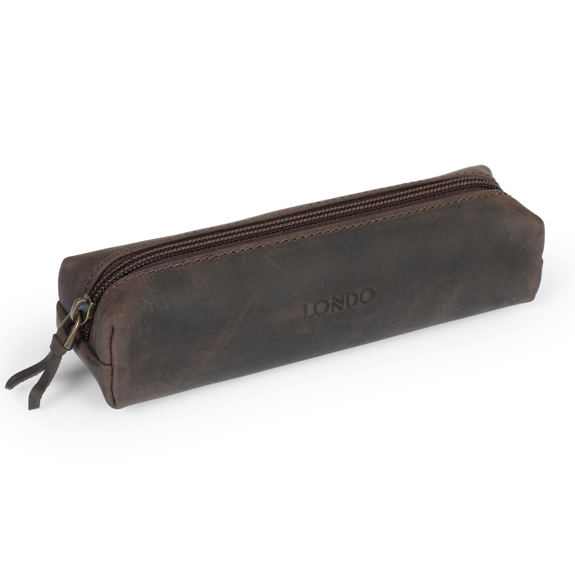 LONDO Genuine Leather Zipper Pen, Pencil & Cosmetic Case (Chestnut)