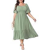 CICIDUDU Plus Size Smocked Maxi Dresses for Curvy Women Square Neck Flowy Casual Summer Wedding Guest Dress