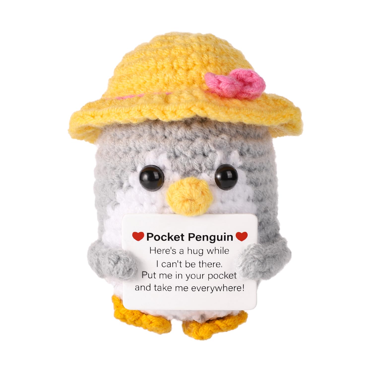 lasuroa Funny Pocket Penguin Hug, 3.54 Inch Knitted Positive Penguin with Encouragement Card Cute Wool Crochet Penguin Doll with Summer Straw Hat Creative Cheering Gift for Family Friends