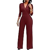 FANDEE Formal Jumpsuits for Women, High Waist Wide Leg Rompers Business Work 3/4 Sleeve One Piece Outfits with Pockets